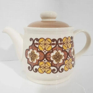 VTG Sadler 1970s Teapot Off  White/Brown/Yellow/Rust Color With Gyometric Design